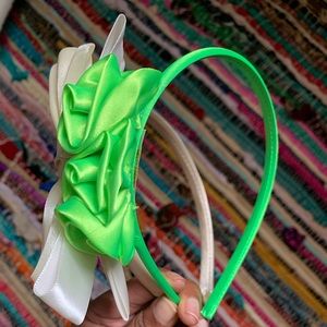 Colorful multi-headband set Cream/White Bow + Lime Green Tripled Rose Embellish